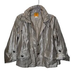 Ruby Rd Petite Metallic Silver Jacket Women Size 6P Button Front Collared Casual